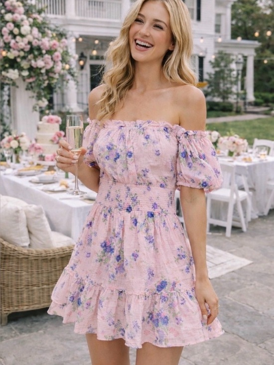 LoveShackFancy Dresses & Skirts - LoveShackFancy Lai Mini Dress Pink Floral Smocked Cotton Puff Sleeve S